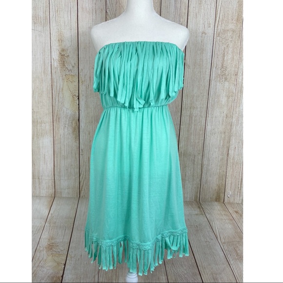 Bohemian Mint Fringe Strapless Dress - Picture 3 of 8